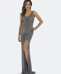 Lara 29528 - Thigh High Slit Beaded Gown