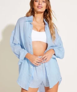 Vitamin A Playa Oversized Linen Shirt Dress - EcoLinen Gauze Celeste