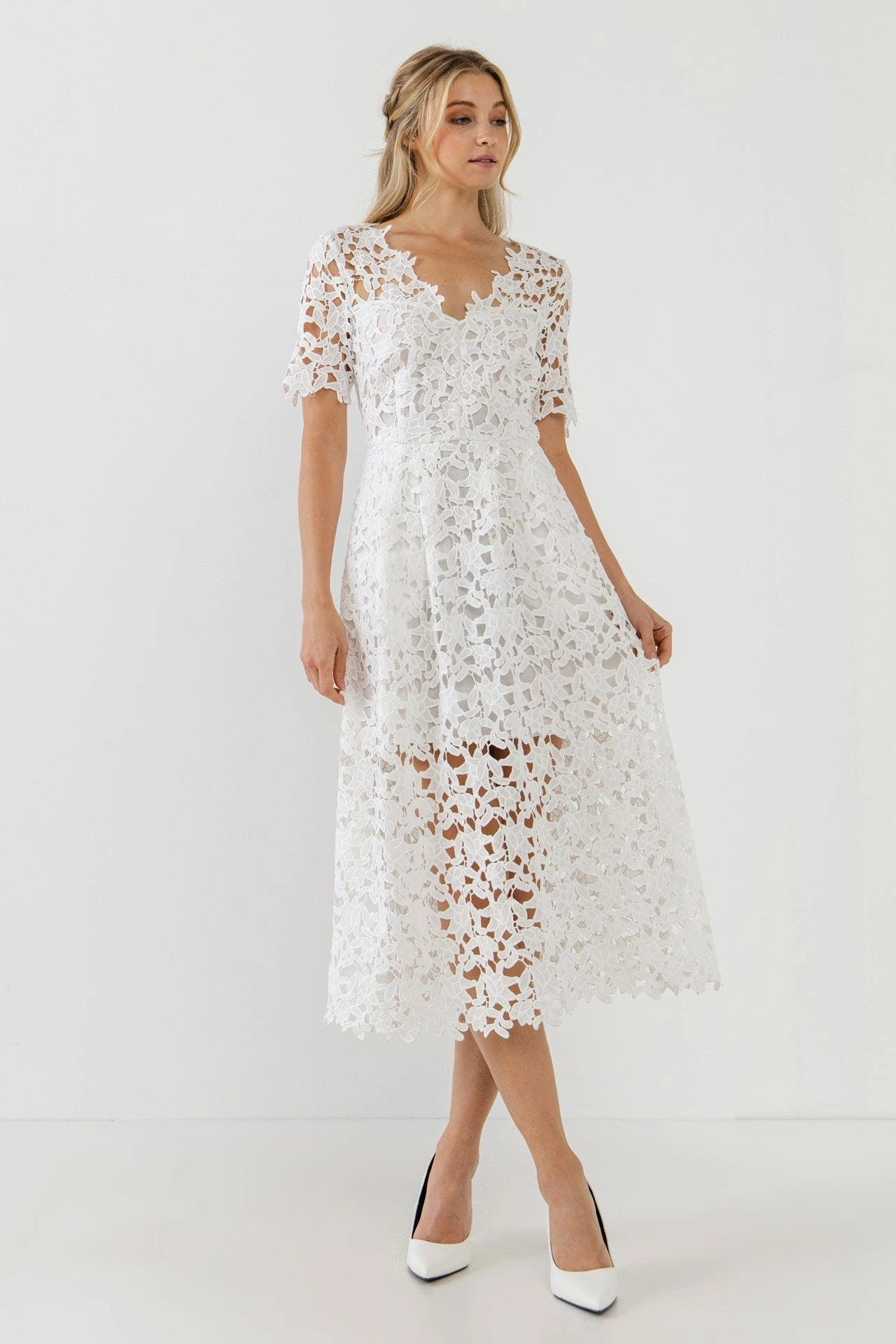 Endless Rose All Over Lace Short Sleeves Midi Dress