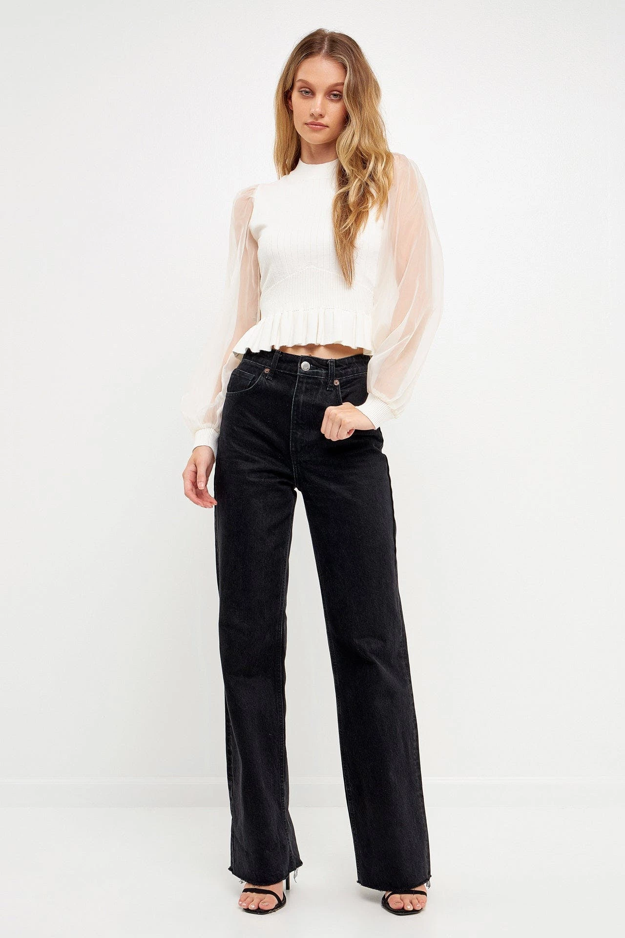 English Factory Organza Long Sleeve Knit Blouse With Mock Neck - Image 2