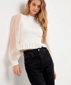 English Factory Organza Long Sleeve Knit Blouse With Mock Neck
