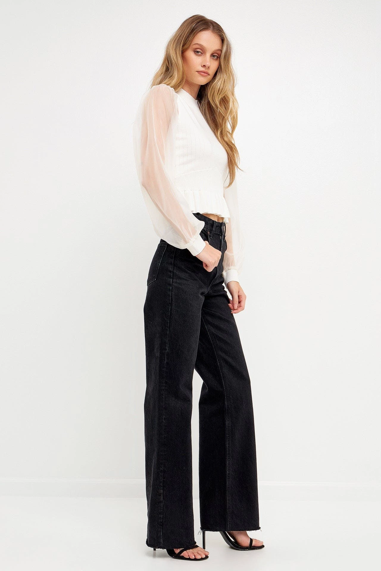 English Factory Organza Long Sleeve Knit Blouse With Mock Neck - Image 3