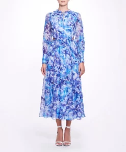 Marchesa Notte Abstract Floral Printed Chiffon Maxi Dress