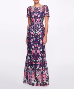 Marchesa Notte Short Sleeve Embroidered Tulle Gown - Black Multi
