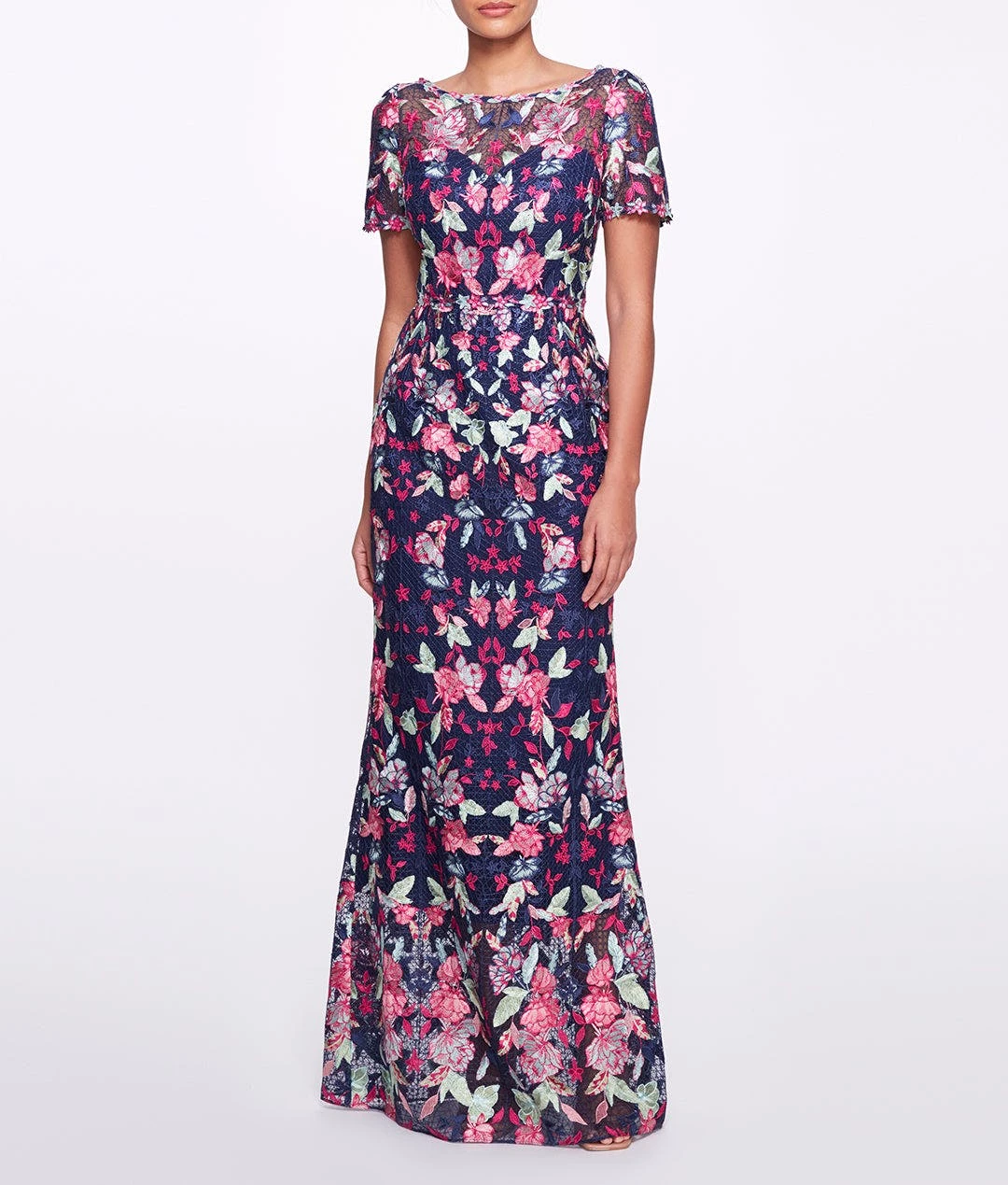 Marchesa Notte Short Sleeve Embroidered Tulle Gown - Black Multi