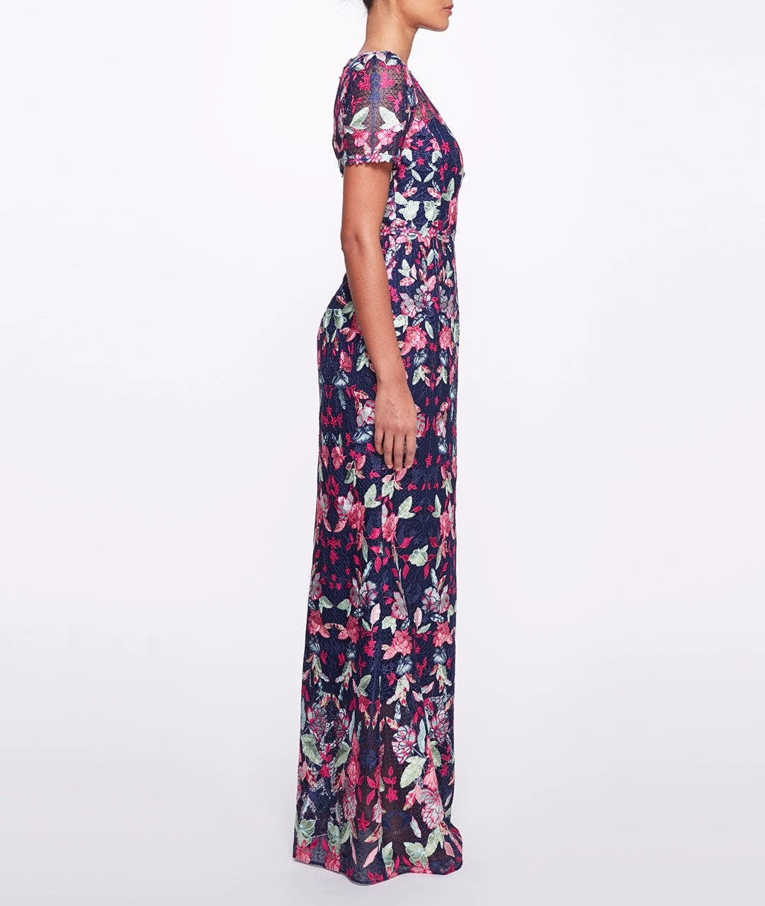 Marchesa Notte Short Sleeve Embroidered Tulle Gown - Black Multi - Image 2