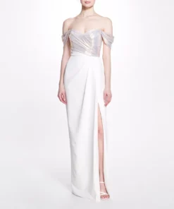 Marchesa Notte Off The Shoulder High Slit Gown