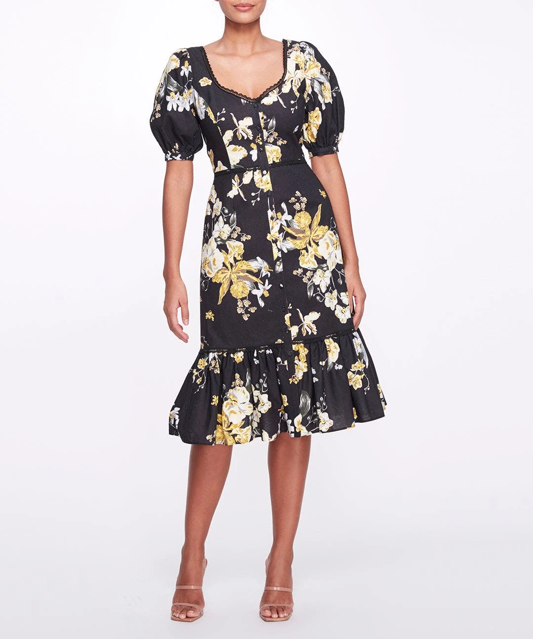 Marchesa Notte Sweetheart Neckline Floral Print Fitted Midi Dress