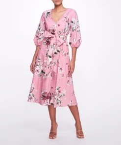 Marchesa Notte A-line Midi Dress With Balloon Sleeves - Blush