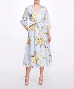 Marchesa Notte A-line Midi Dress With Balloon Sleeves - Dusty Blue
