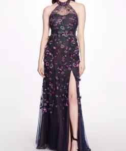 Marchesa Notte 3D Floral Appliqué Halter Gown