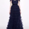 Marchesa Notte Off Shoulder Tiered Gown - Navy