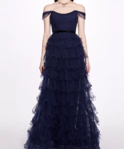 Marchesa Notte Off Shoulder Tiered Gown - Navy