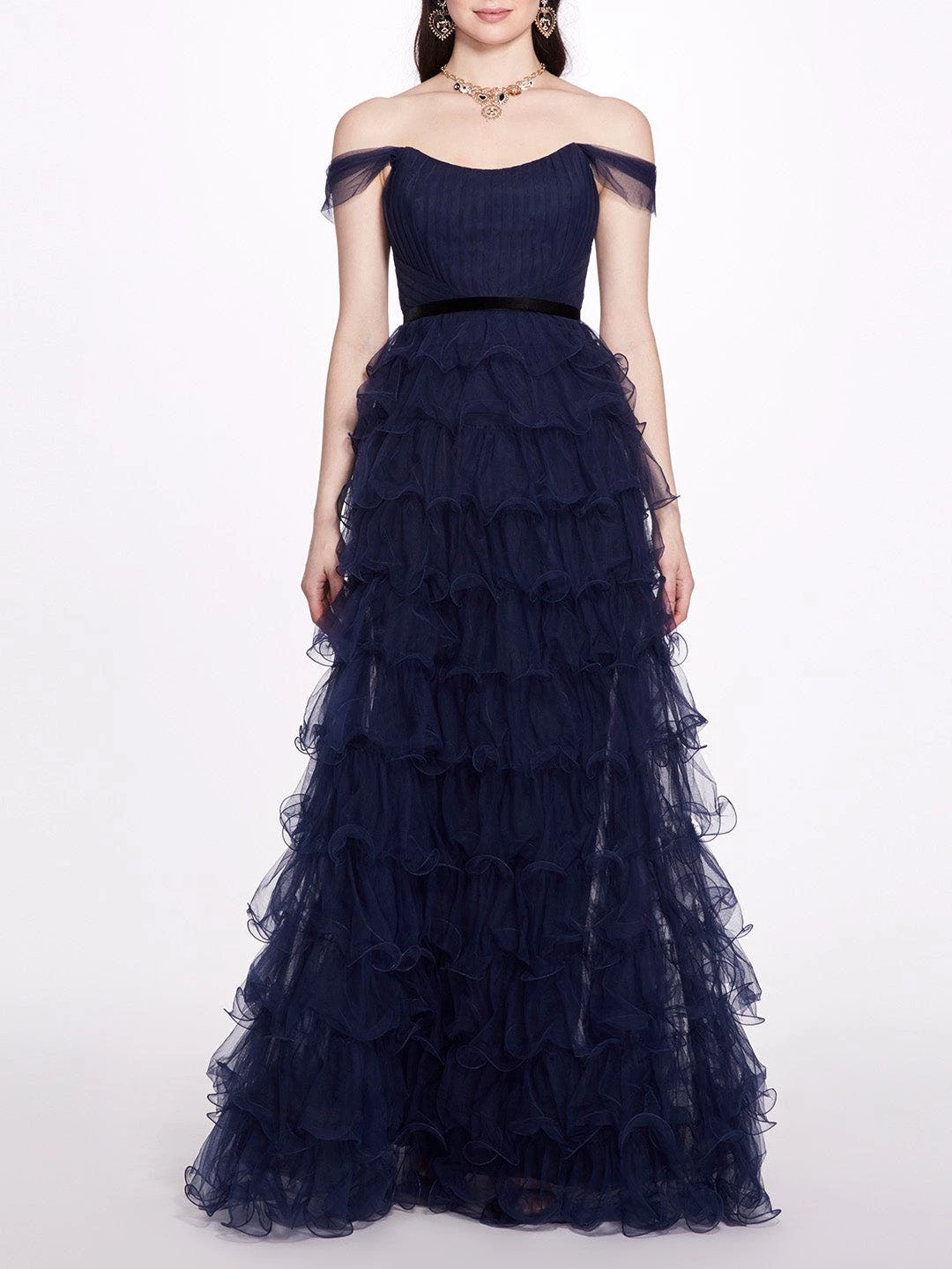 Marchesa Notte Off Shoulder Tiered Gown - Navy