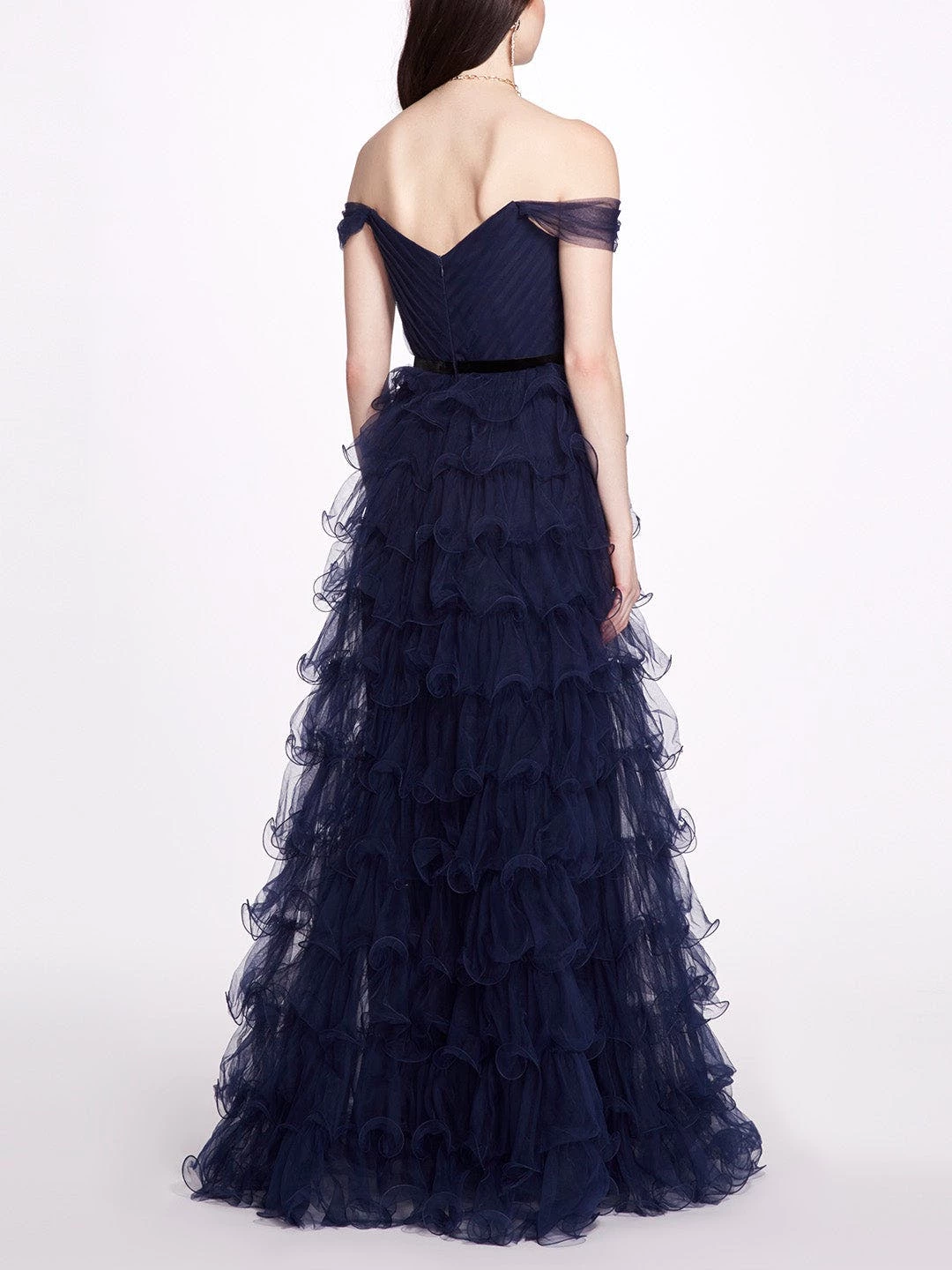 Marchesa Notte Off Shoulder Tiered Gown - Navy - Image 3