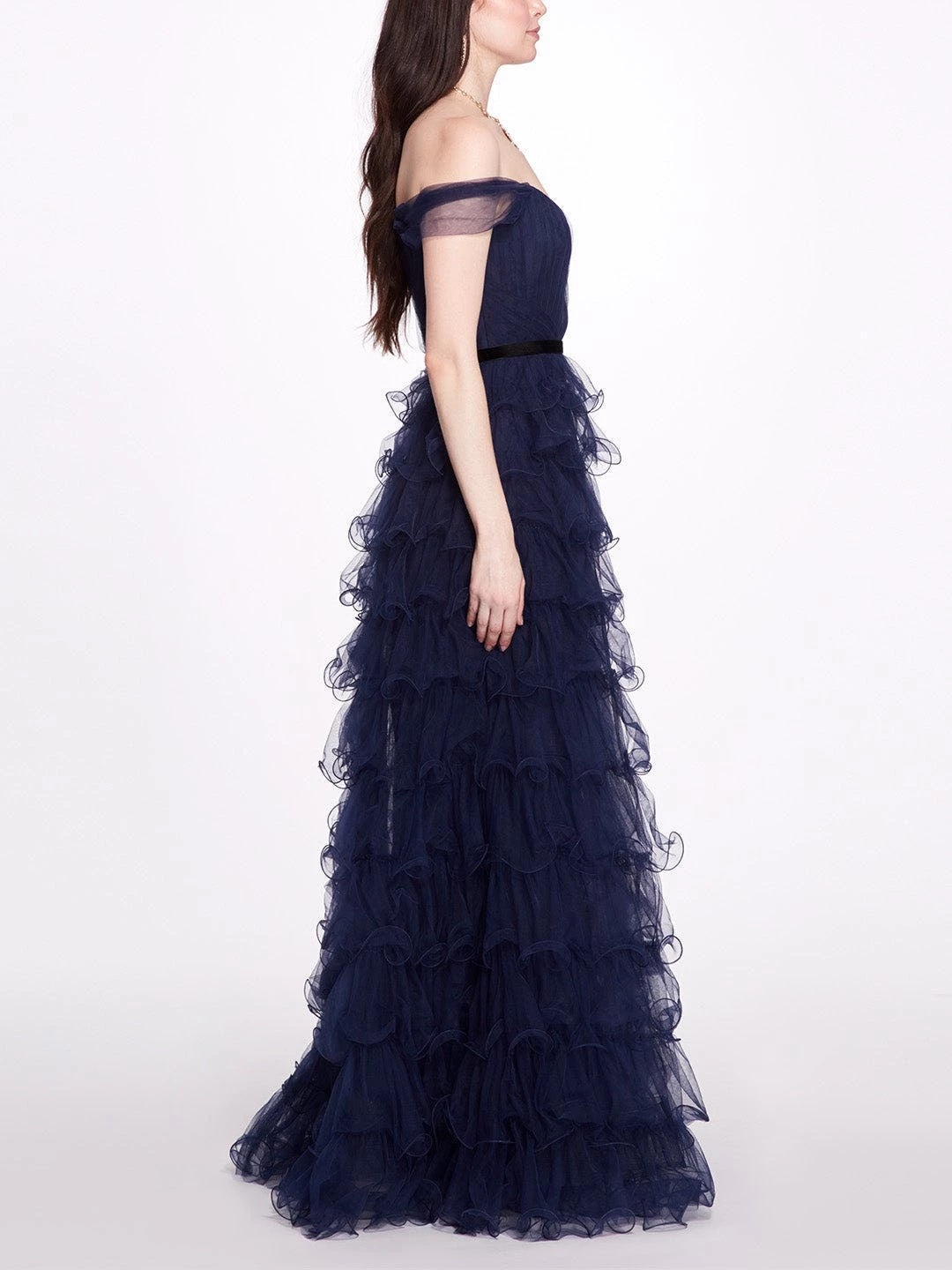 Marchesa Notte Off Shoulder Tiered Gown - Navy - Image 2