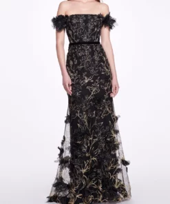 Marchesa Notte Off-The-Shoulder Embroidered Gown - Black