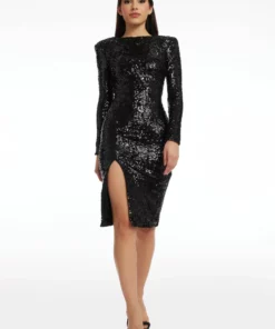 Dress The Population Natalie Long Sleeve Black Sequin Dress