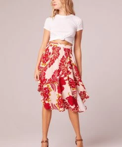 B.O.G. Collective Ne Step Closer Red Floral Knee Length Skirt - Peach/Cream/Red