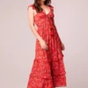 B.O.G. Collective Elodie Crimson Floral Tiered Midi Dress