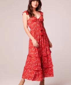 B.O.G. Collective Elodie Crimson Floral Tiered Midi Dress
