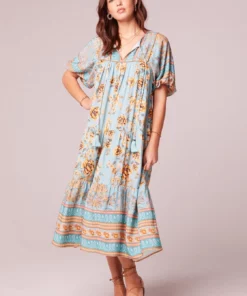 B.O.G. Collective Rosa Light Teal Border Midi Dress