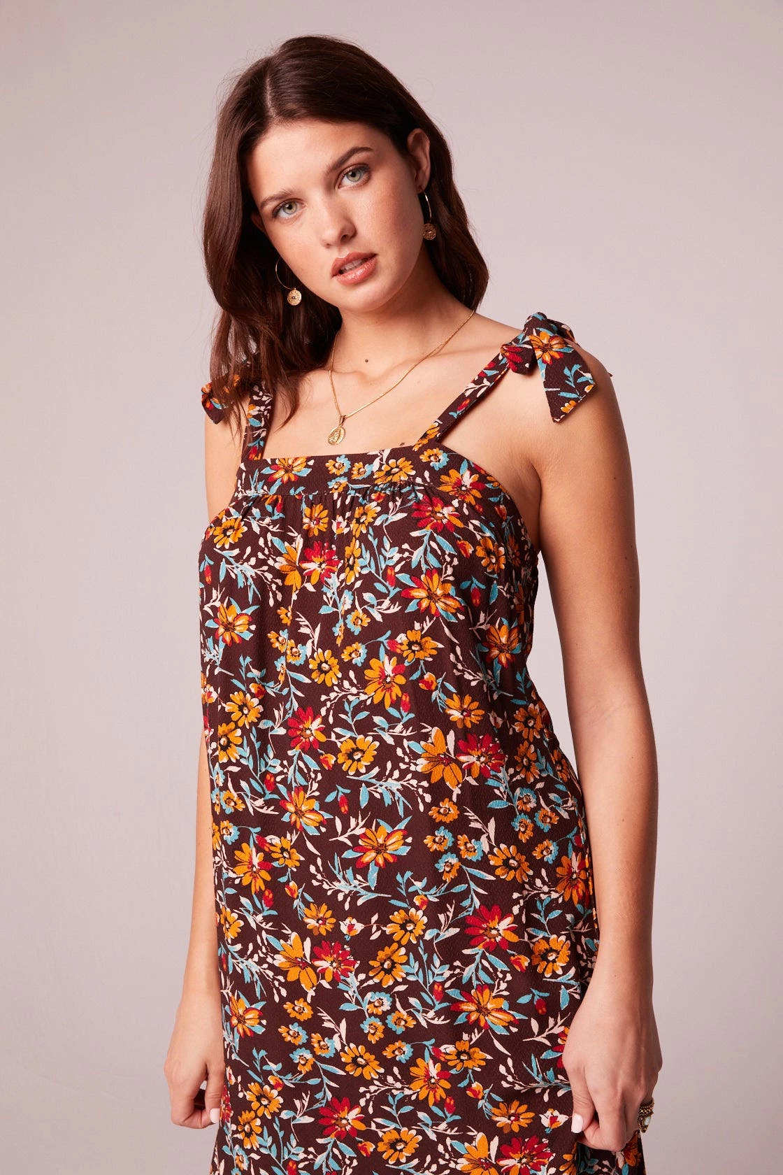 B.O.G. Collective Rasol Brown Floral Tie Shoulder Midi Dress - Image 2