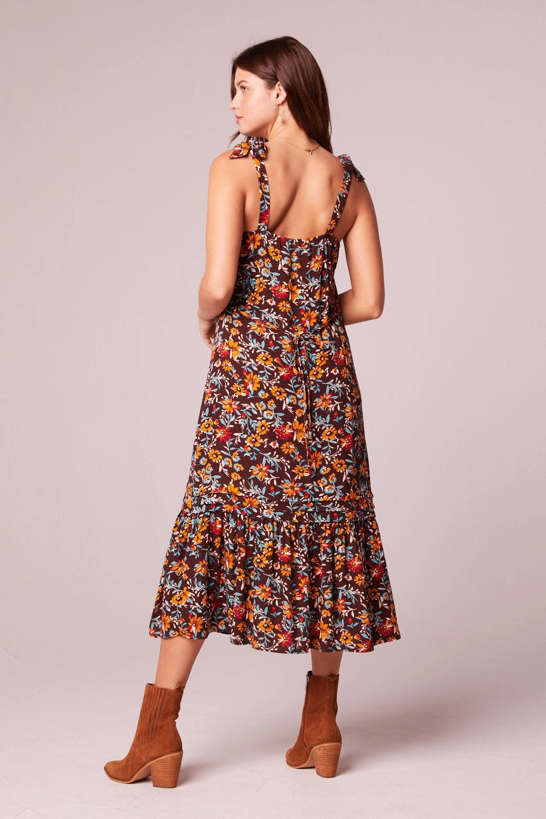 B.O.G. Collective Rasol Brown Floral Tie Shoulder Midi Dress - Image 5