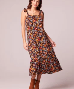 B.O.G. Collective Rasol Brown Floral Tie Shoulder Midi Dress