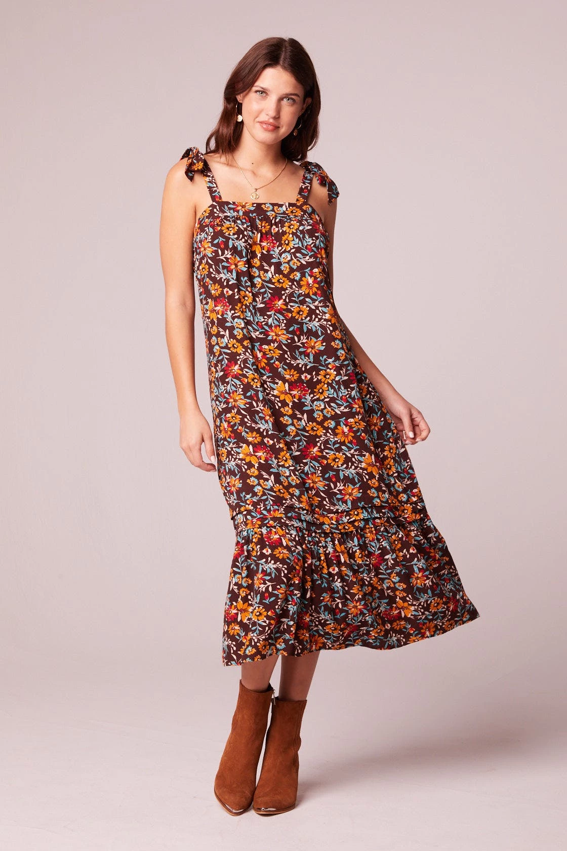 B.O.G. Collective Rasol Brown Floral Tie Shoulder Midi Dress