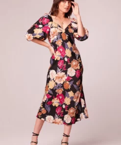 B.O.G. Collective Astrid Black Floral Puff Sleeve Midi Dress