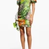 ONE33 SOCIAL Tropical Printed Lace Sequin Draped Dress