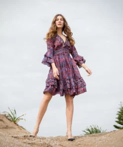 SOHUMAN Mia Midi Red Wine Dress With Printed Figures