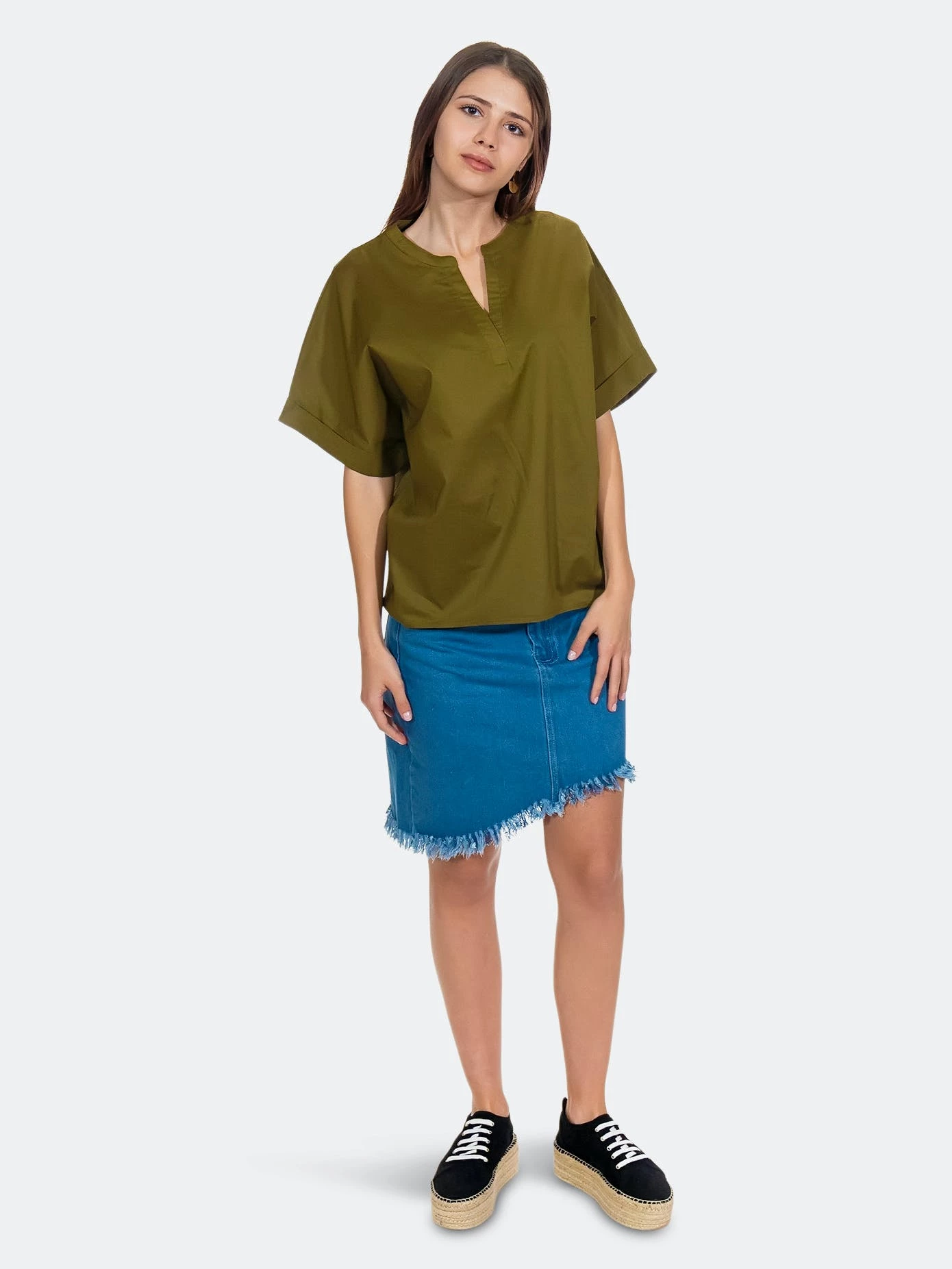SOHUMAN Nataly Olive Green V-Shaped Blouse Neck