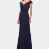 La Femme Satin Floor Length Gown With Ruched Detailing