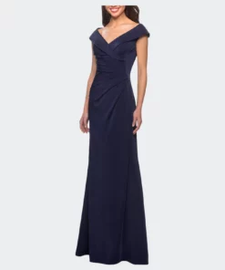 La Femme Satin Floor Length Gown With Ruched Detailing