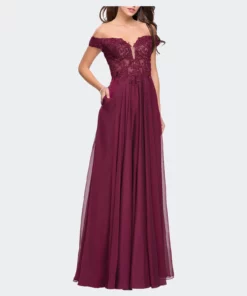 La Femme Chiffon Prom Dress With Off The Shoulder Lace Top