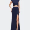 La Femme Two Piece Wrap Jersey Prom Dress With Short Sleeves