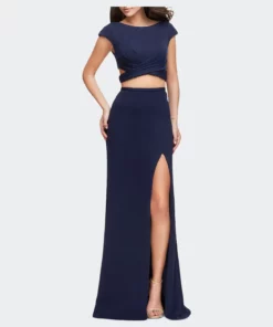 La Femme Two Piece Wrap Jersey Prom Dress With Short Sleeves