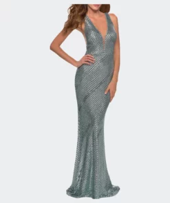 La Femme Ong Sequin Evening Gown With V Shaped Back