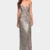 La Femme Draped Slit Long Sequin Gown With Lace Up Back