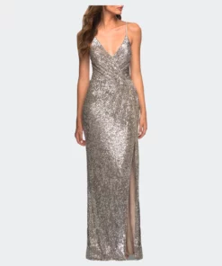 La Femme Draped Slit Long Sequin Gown With Lace Up Back