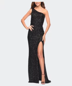 La Femme One Shoulder Luxurious Soft Sequin Dress With Slit