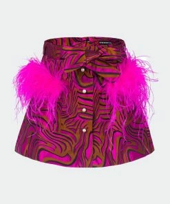 Andreeva Raspberry Printed Mini Skirt With Feathers
