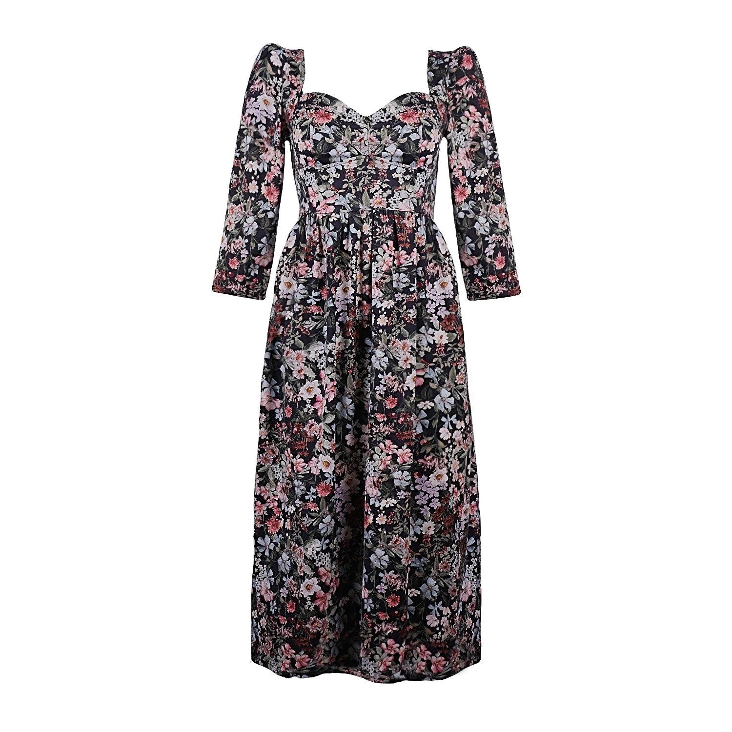 Onīrik īrik Violet Dress With A Sweetheart Neckline/Black Floral Cotton - Image 5