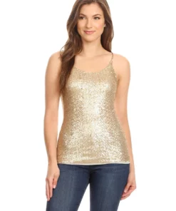 Anna-Kaci Womens Spaghetti Strap Sequin Metal Chain Shiny Party Club Camisole Tank Top
