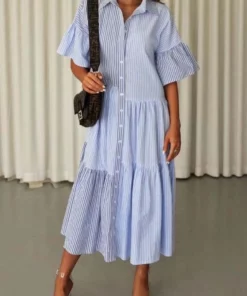 Anna-Kaci Striped Collared Maxi Dress - Light Blue