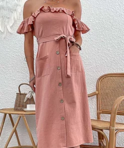 Anna-Kaci Ruffle Off-Shoulder Button Dress