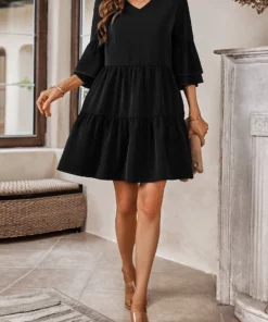 Anna-Kaci Solid Ruffle Sleeve Tiered Dress
