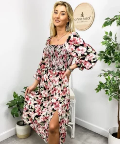 Anna-Kaci Square Neck Shirred Floral Dress